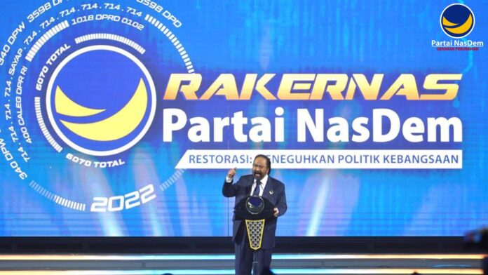 Ketua Umum Nasdem, Surya Paloh di acara Rakernas Nasdem.