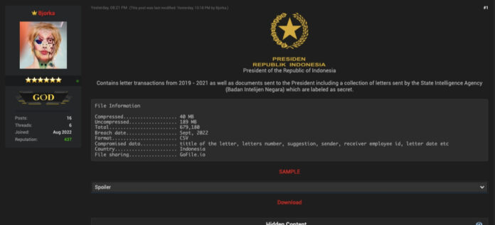 Tangkapan layar informasi kebocoran data surat dan dokumen untuk Presiden RI