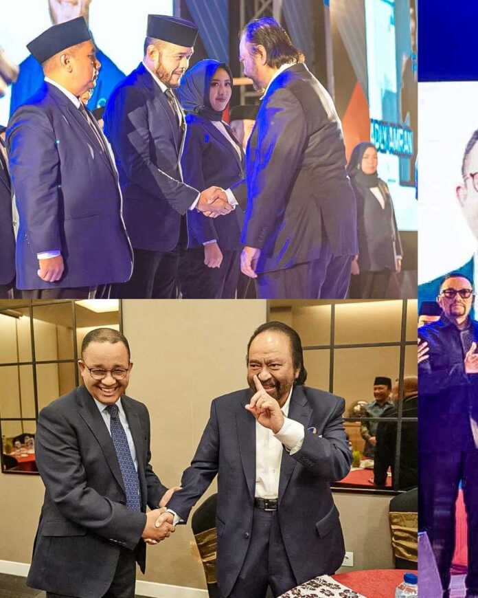 Ketua Umum Partai Nasdem Surya Paloh dan Bacapres Anies Baswedan menghadiri pelantikan pengurus DPW Partai Nasdem Sumbar di Padang, Sabtu (5/8) malam. Foto Instagram Anies Baswedan.